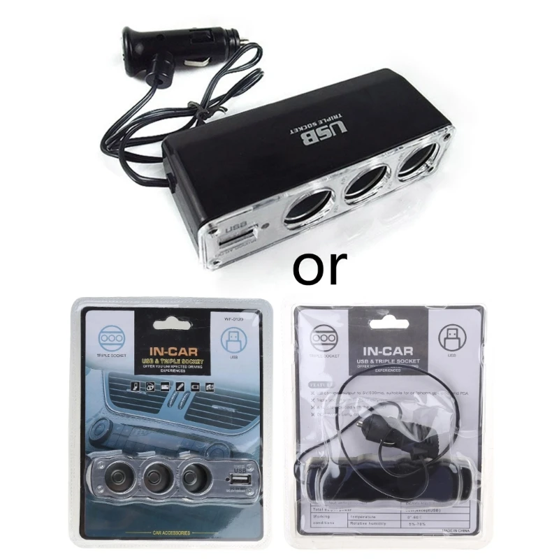 

Car Socket Expander with USB Charging Power Triple Adaptor Cigarettes Splitter Multiple Devices Dropship