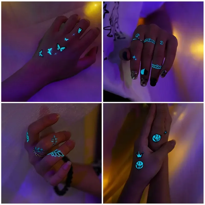 10 Sheets Blue Luminous Tattoo Sticker Butterfly Letter Cat Glowing Temporary Tatoo Small Finger Wrist Fake Tatto For Women Men