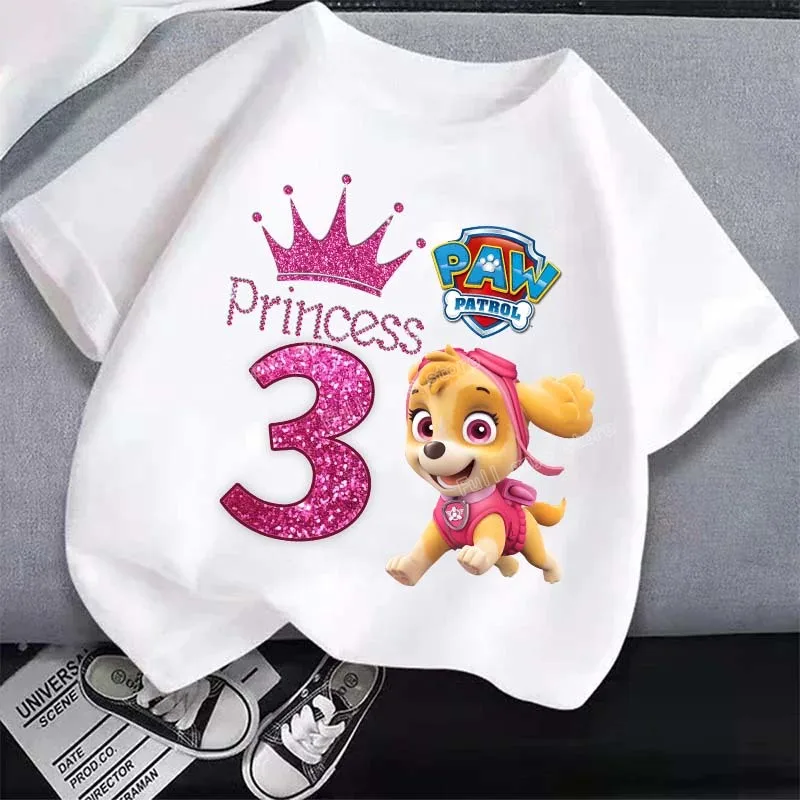 Футболка с надписью «Щенячий патруль», милые топы на день рождения Скай, женская одежда, белая футболка для девочек, летняя хлопковая детская одежда с коротким рукавом, бутик