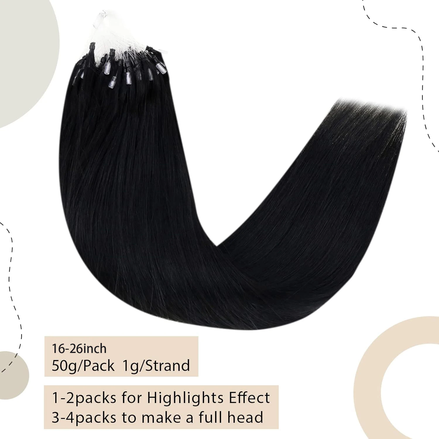 Micro Loop Human Hair Extensions Micro Ring Fish Line Link Hair Extensions Cold Fusion Remy For Women #1B Color 16-26 Inch