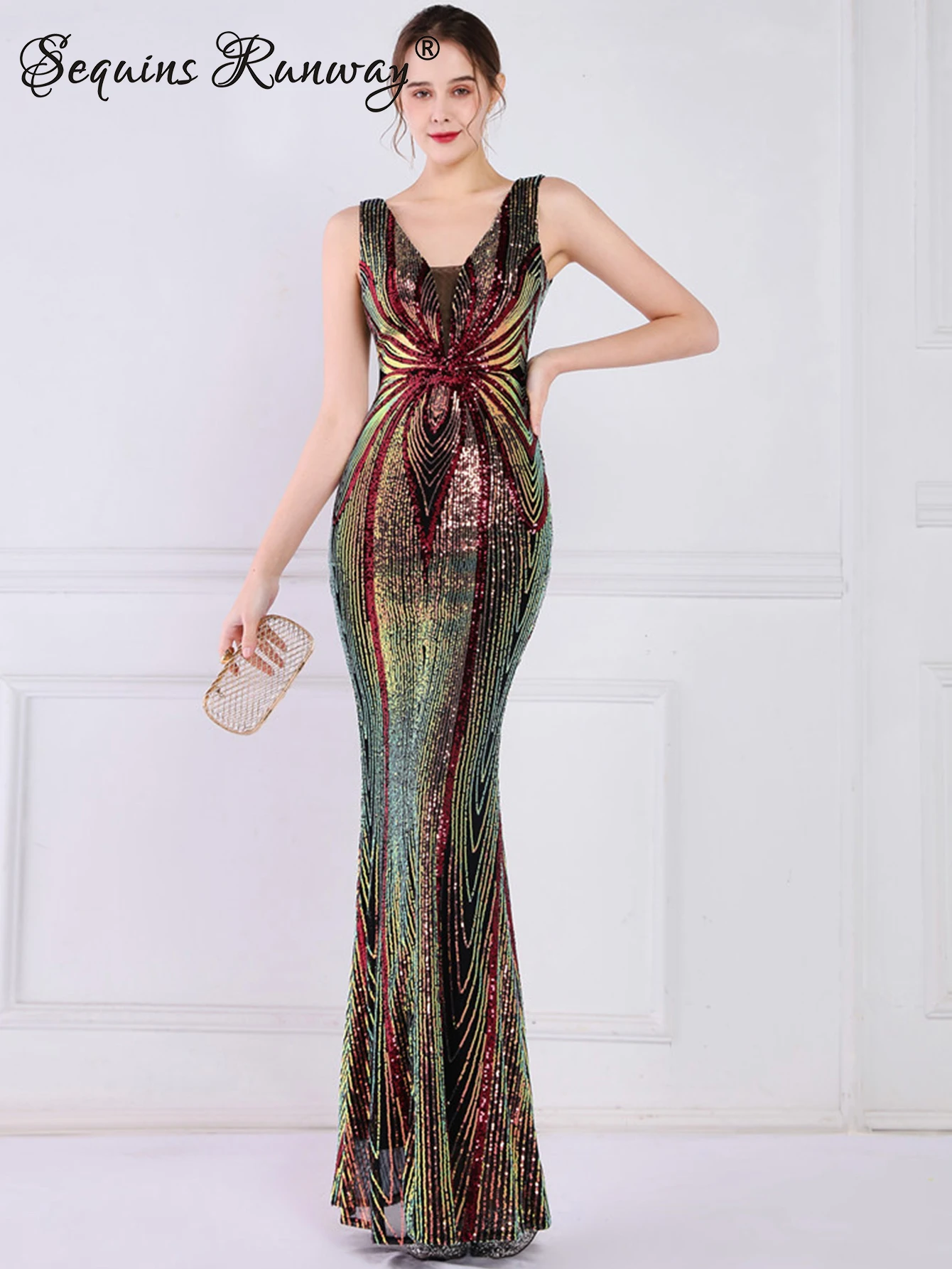 فستان صيفي نسائي مثير أسود أبيض طويل مزين بالترتر...