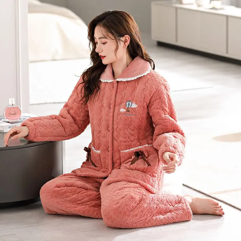 2024 Coral Velvet Three-layer Sandwich Cotton Pajamas Women's Winter Thickened Loungewear Warm Double-sided Velvet Homewear Set