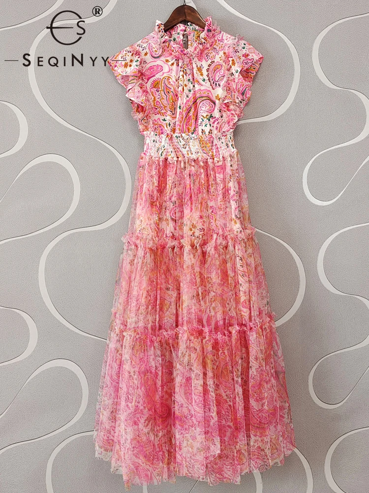 

SEQINYY Vintage Midi Dress Summer Spring New Fashion Design Women Runway High Street Flowers Print Mesh A-Line Elegant Elastic
