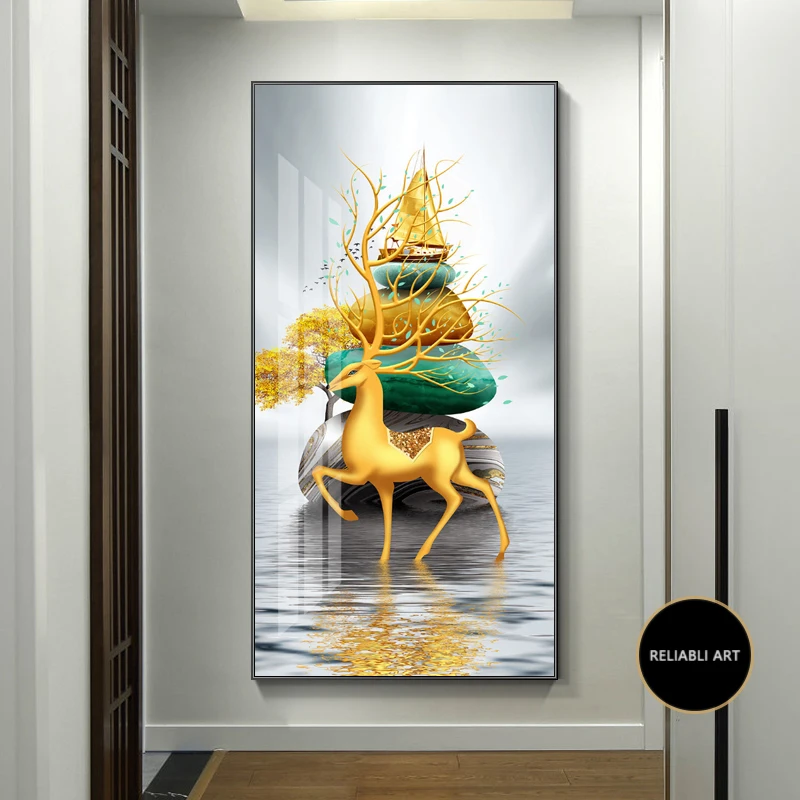 thumbnail image 1 of Nuevo lienzo de pintura de piedra zen dorada de Fengshui chino, arte de pared, carteles e impresiones de árboles ricos en oro para la decoración del hogar de la sala de estar, 1 of 5