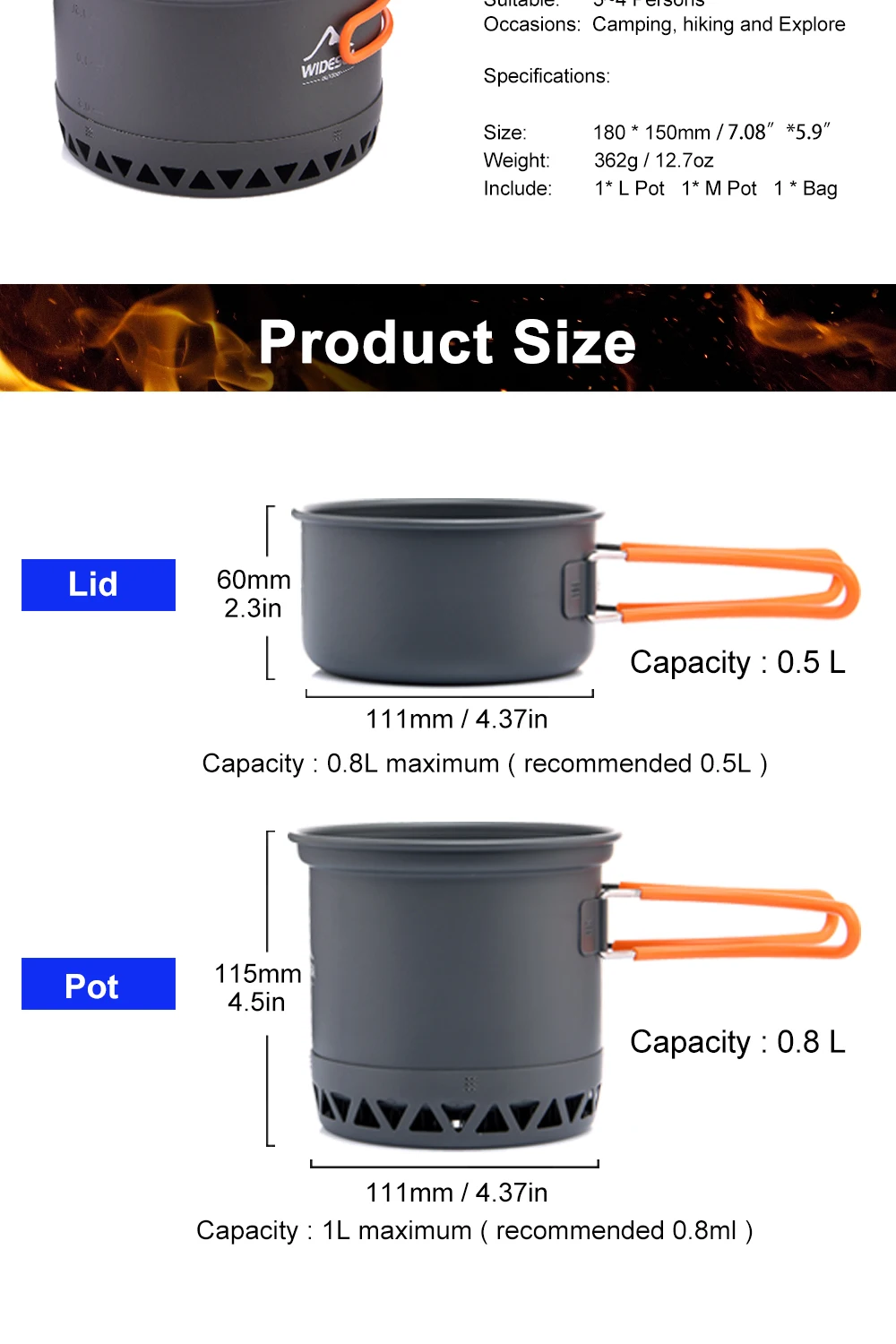 Widesea Camping Pot Cookware Set Heat Exchanger Cooking Outdoor Travel Portable Teapot Ultralight Bowl Hiking Picnic Barbecue