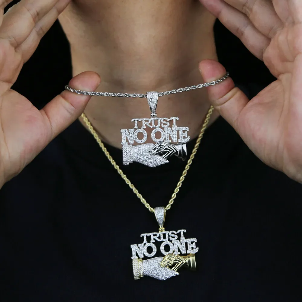 Men Rock Hip Hop Trust No One Pendant Necklace Cuban Chain Hip Hop Iced Out Pendant Necklaces Fashion Punk Jewelry Gift