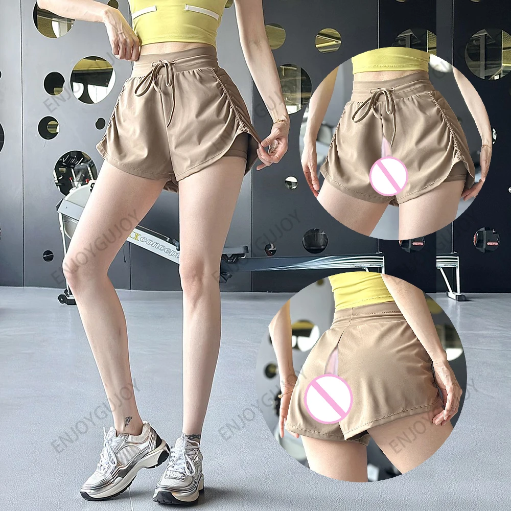 

Ms Drawstring Yoga Pants Invisible Open Crotch Outdoor Sex Inner Lining Fake Two Pieces High Waist Sports Shorts Fitness Pants