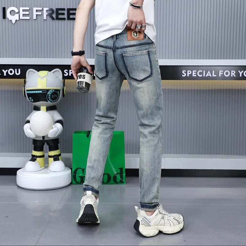 Retro washed jeans men's affordable luxury fashion high-end elegant slim-fitting small straight casual long pants summer thin