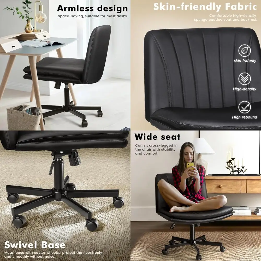 "wheeled ergonomic desk chair with faux leather, wide seating for home office use"