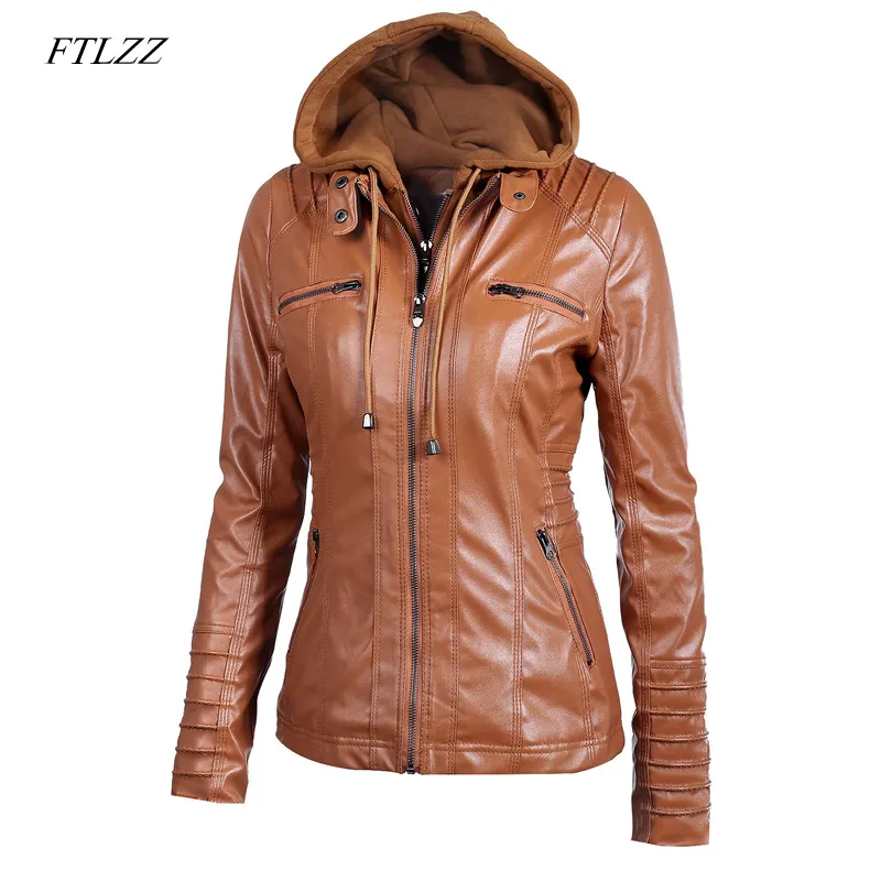 FTLZZ – veste en Faux cuir pour femmes, chapeau à capuche détachable, vêtement d'extérieur Punk 5xl pour moto