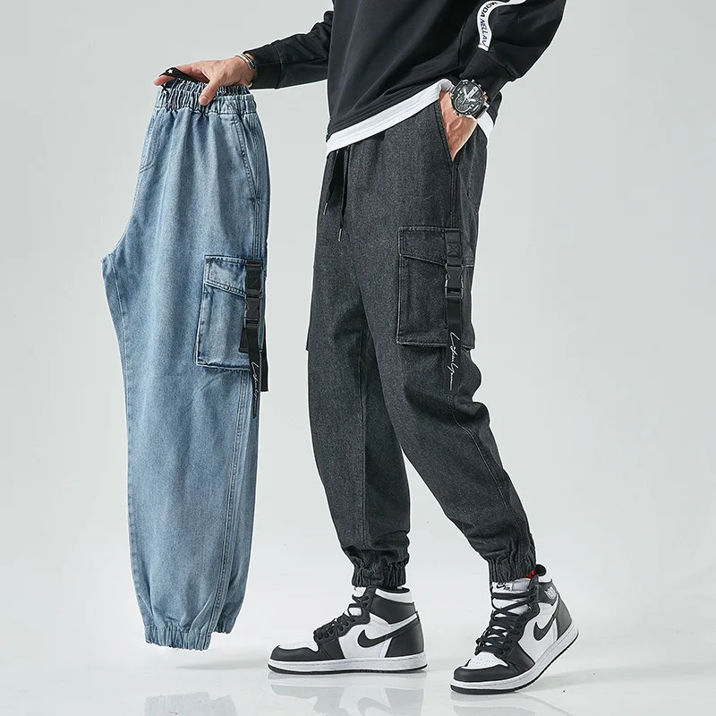 

Spring and Autumn Men's loose fitting Leggings Jeans，Ankle-Length Harem Pants Plus Size Trendy Solid Color Casual Cargo Pants