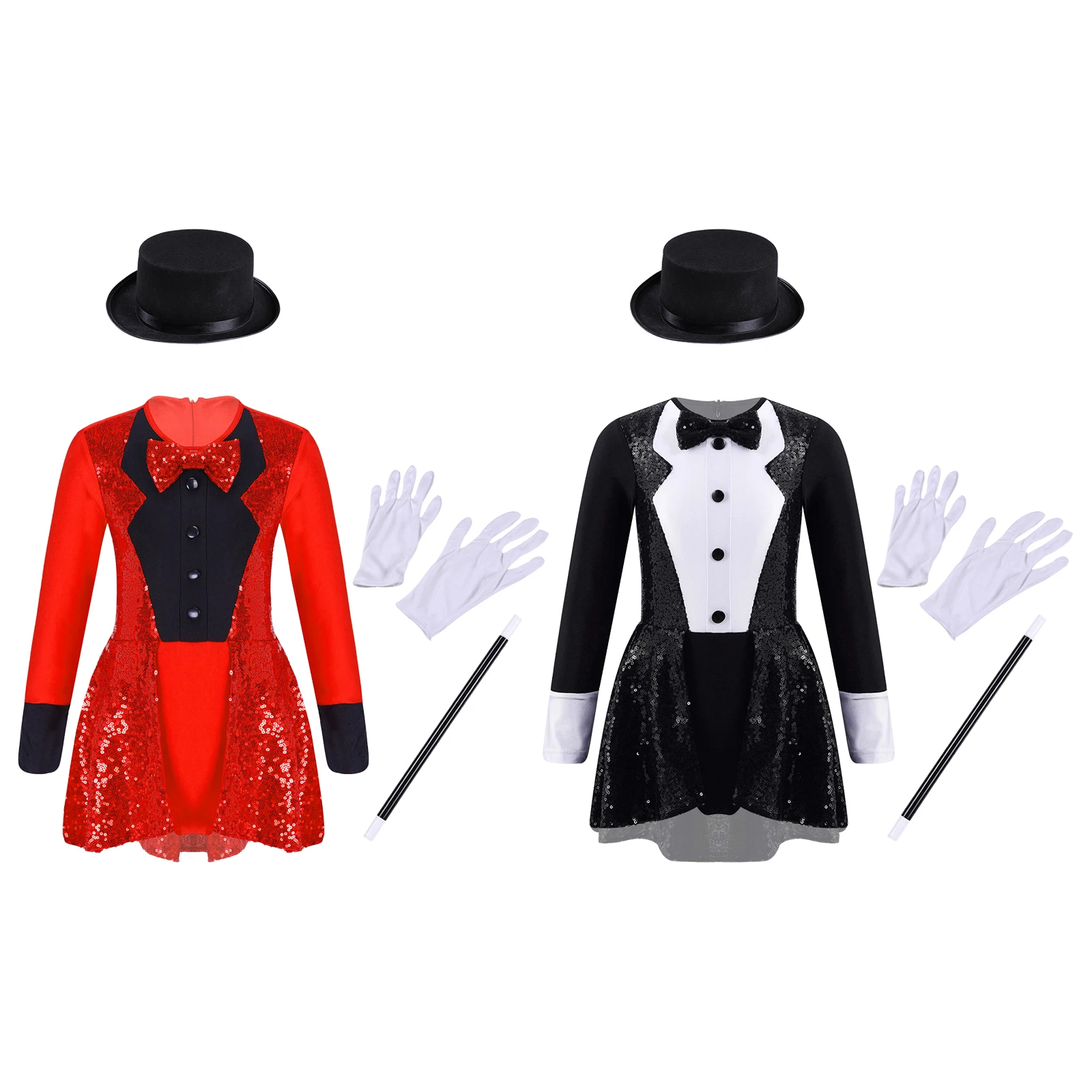 Girls Magician Circus Costume Dress Shiny Sequin Leotard with Hat Magic Wand Gloves Set Halloween Party Carnival Suit for Kids