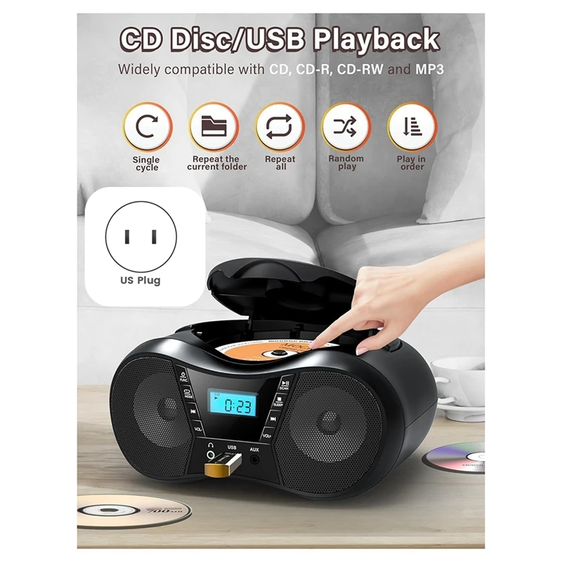 FORW-Portable CD Player Bluetooth Boombox CD Player AM/FM Radio Stereo Player, Compatible For CD/CD-R/RW Radio For Home