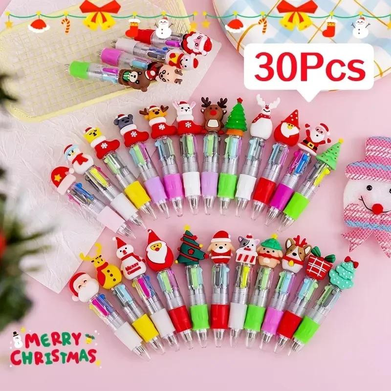 

30pcs Christmas Mini Ballpoint Pen Cute Cartoon 4 Color Ball Pens For Kids School Writing Supplies Office Stationery Gifts