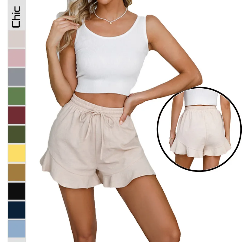 

Spring Summer 2023Women's New Fashion European American Cotton Linen Ruffled Elastic Waist Drawstring Solid Color Elegant Shorts