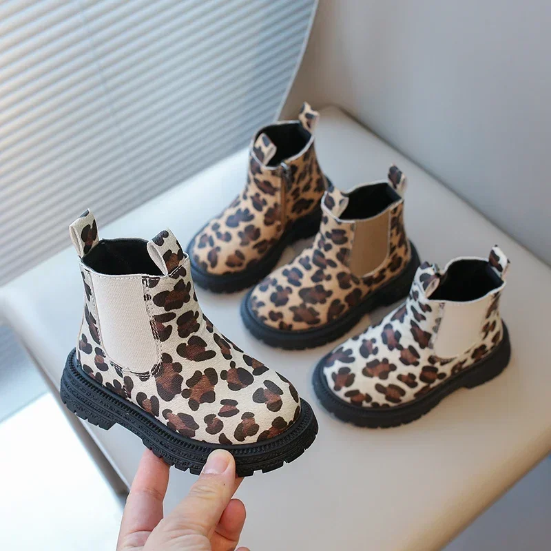 Kids Unisex Rubber Ankle Boots with Leopard Prints and Side Zipper