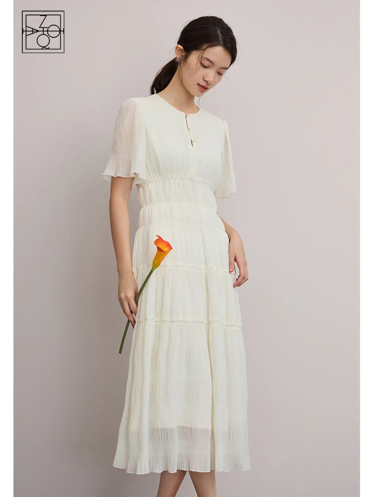 

ZIQIAO High-end French Ruffle Trim Dress for Women Summer New Design Sense Cake Skirt Slim Waist Tea-break Style Dress Female