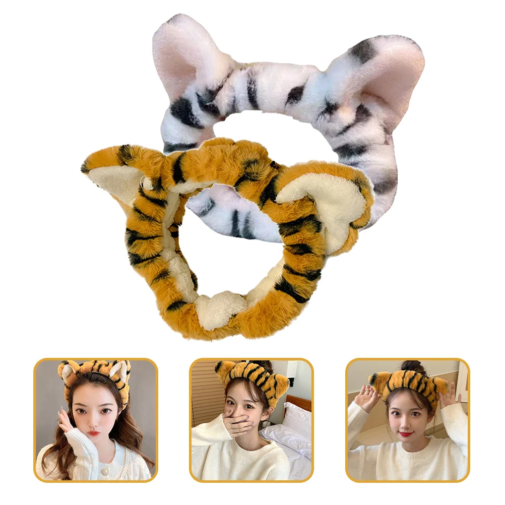 

2 Pcs Girls Headband Tiger Plush Ears Face Wash Headbands Skin Care Products Makeup Funny Hairband For Washing Miss