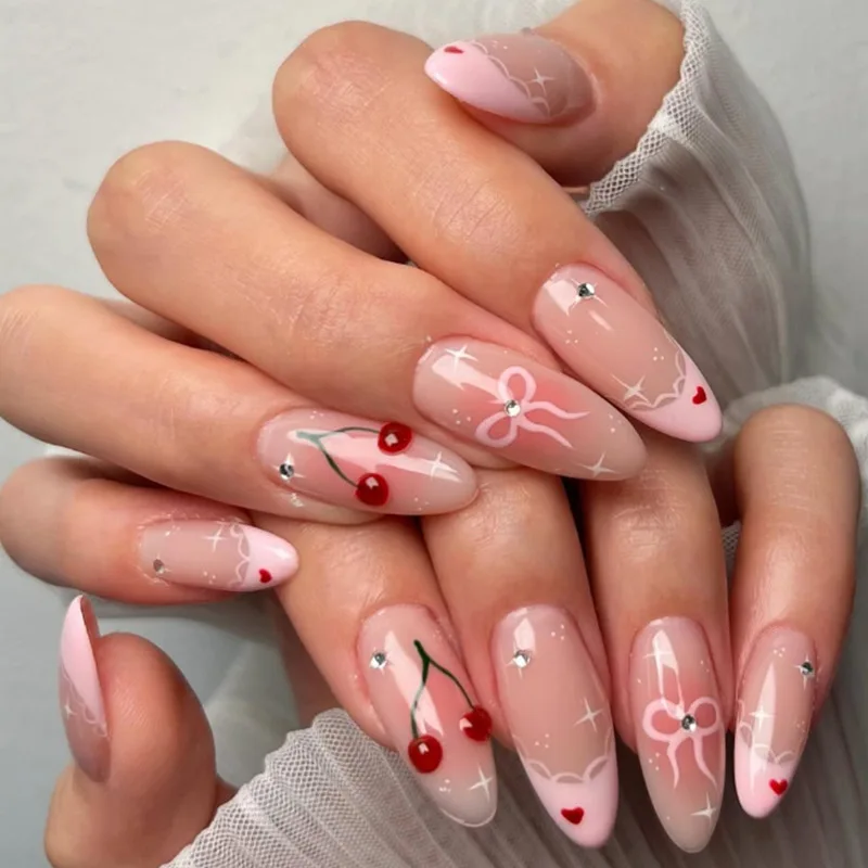 24개입 화이트 프렌치 플라워 가짜 손톱 나비 레몬 펄 프레스온 네일 중간 길이 아몬드 모양 착용 가능한 풀커버 네일 팁