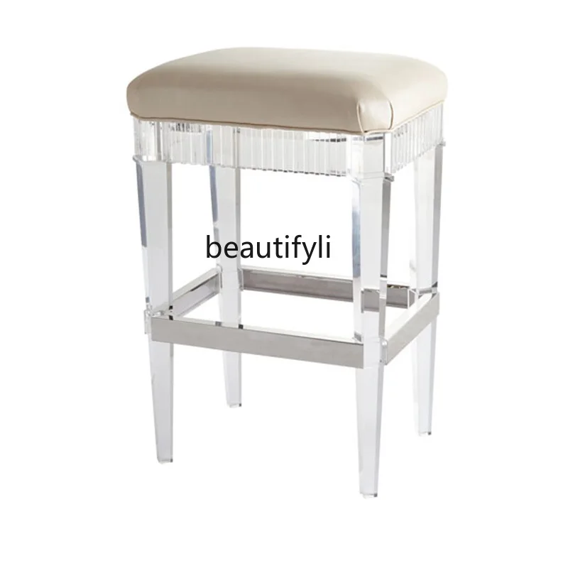 

Индивидуальный акриловый стул, простой современный вертикальный роскошный кожаный стул с окантовкой из нержавеющей стали, прозрачный стеклянный высокий стул для бара
