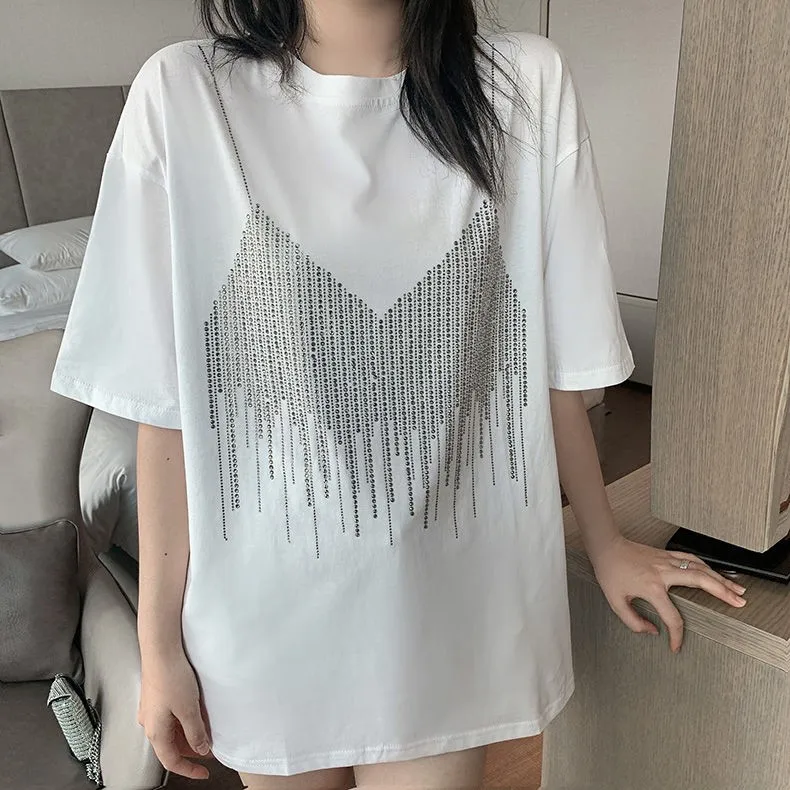 4XL Plus Size Summer Diamond Short Sleeve Loose T Shirt For Women Casual Streetwera T-shirt Lady Chic Camisole Pattern Tee Top