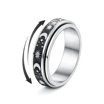 Vintage Stainless Steel Sun Moon Star Rotating Spinning Wedding Promise Anniversary Statement Band Ring Jewelry 1