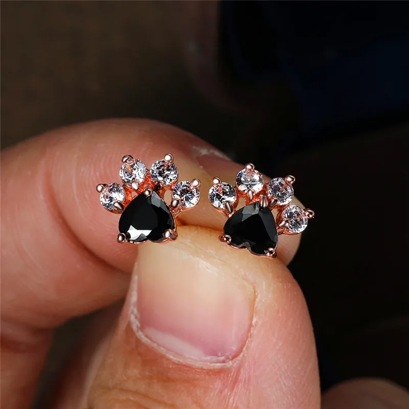 Fashion Female Small Black Crystal Zircon Stud Earrings Paw Claw Heart Wedding Jewelry For Women
