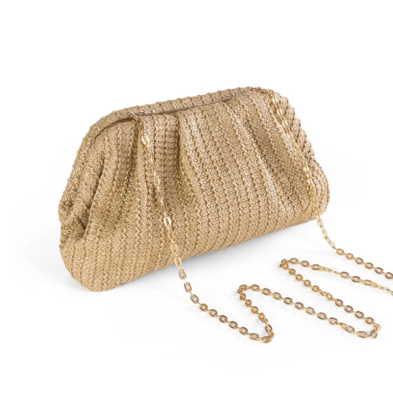 

Повседневная Сумка-клатч из соломы в виде ракушки для женщин, сумки через плечо с цепочками, летняя пляжная сумка, маленькие кошельки для телефона, модель 2024