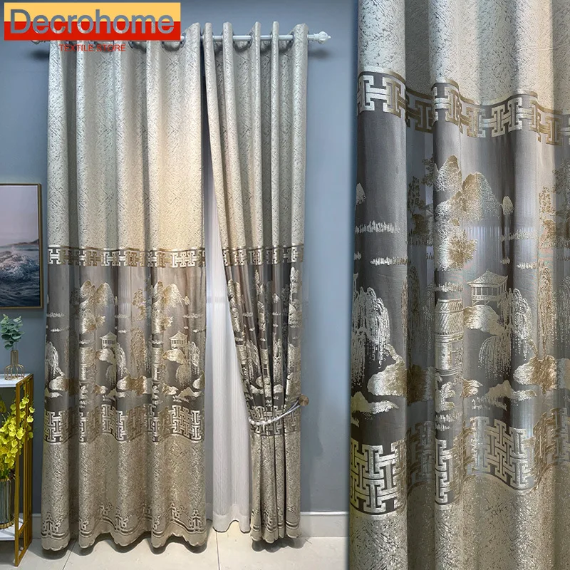 

Customized New Chinese Landscape Painting Flocking Jacquard Hollowed Out Curtains for Living Room Bedroom French Window Balcony