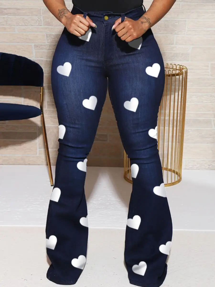 

LW Heart Print Jeans Trendy Denim Stretchy Flared Jeans Women's High Waist Casual Trousers Street Fashion Skinny Pants