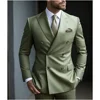 Green Men's Wedding Suits Solid Color 2 Piece Jacket Pant Daily Casual Business Double Breasted Six-buttons Formal Suits 2024 1