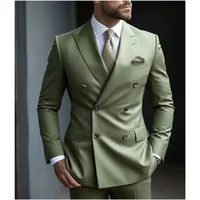 Green Men's Wedding Suits Solid Color 2 Piece Jacket Pant Daily Casual Business Double Breasted Six-buttons Formal Suits 2024 1