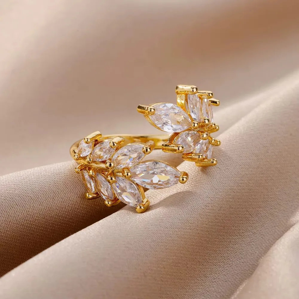 Zircon Wheat Rings Gold Color Stainless Steel Adjustable Ring
