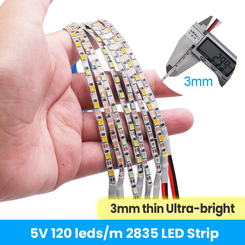 Ultra Thin 3MM Flexible LED Tape Strip Lights 5V Narrow 2835 120LEDs/M Ribbon Rope Lamp  Cool Natural Warm White