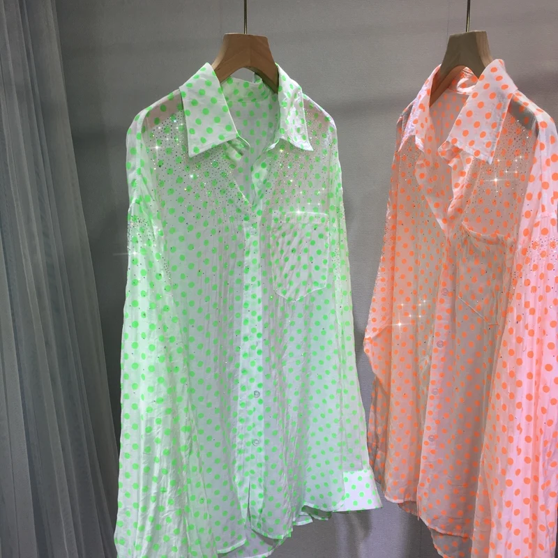 

Small Fresh Hot Drilling Polka Dot Green Shirts for Women 2023 New Summer Loose Sunscreen Clothing Shiny Summer Casual Blouses