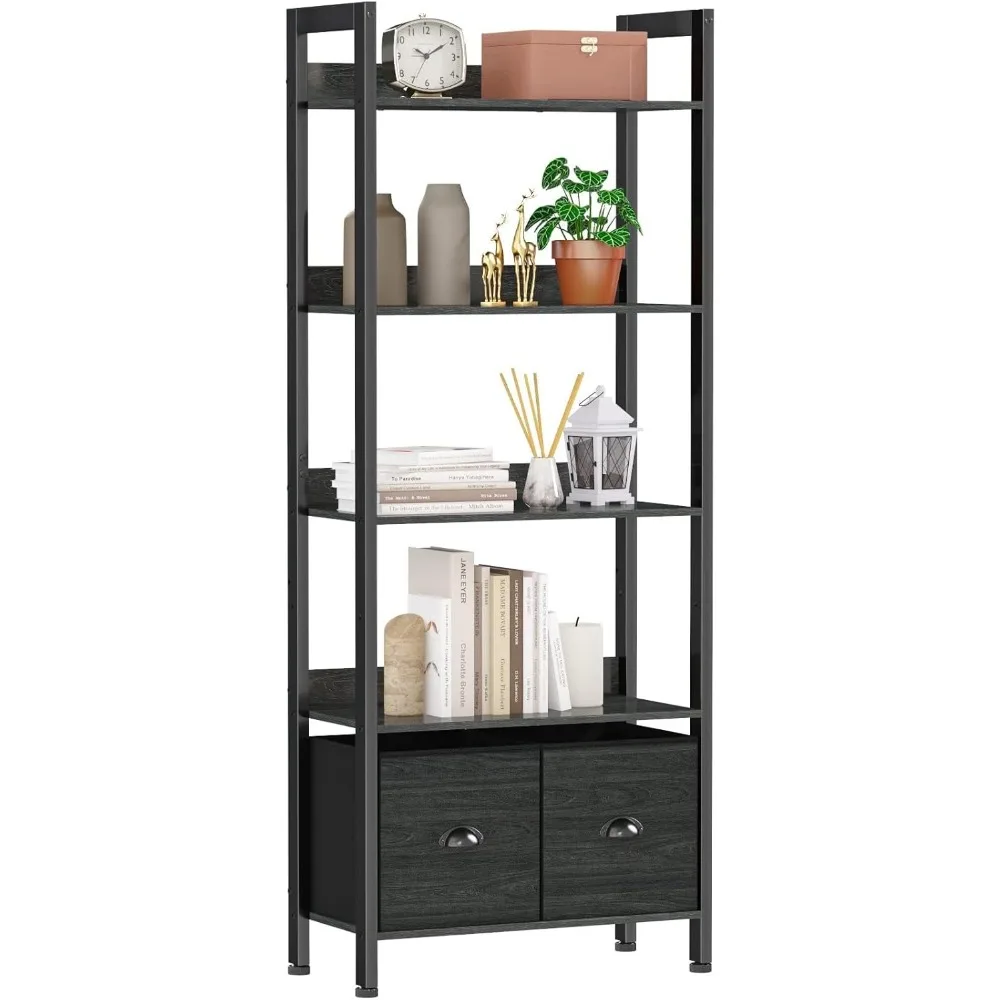 

Высокий книжный шкаф с 2 ящиками для хранения, книжная полка из черного дуба для спальни, дома, офиса, деревянная и металлическая полка для хранения для гостиной