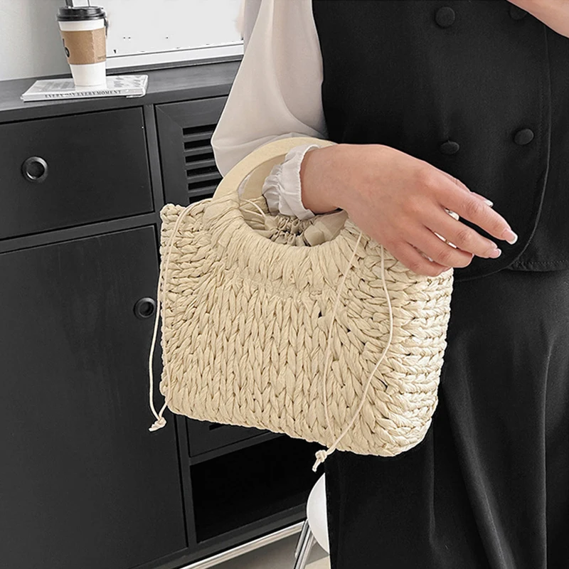 Wooden Handle Basket Bag Paper Woven Women Handbags Handmade Summer Beach Bag Casual Holiday Purses