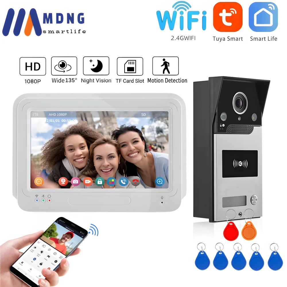 

Умный Wi-Fi видеодомофон Tuya, беспроводной дверной звонок с сенсорным IPS экраном, разблокировка RFID-картой, для дома, 7 дюймов