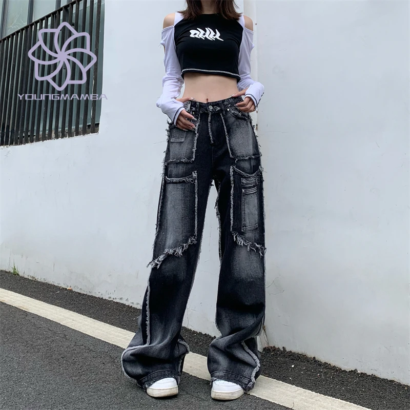 

American High Street Washed Vintage Denim Pants Women 2023 New Streetwear Loose Wide Leg Straight Jeans Female