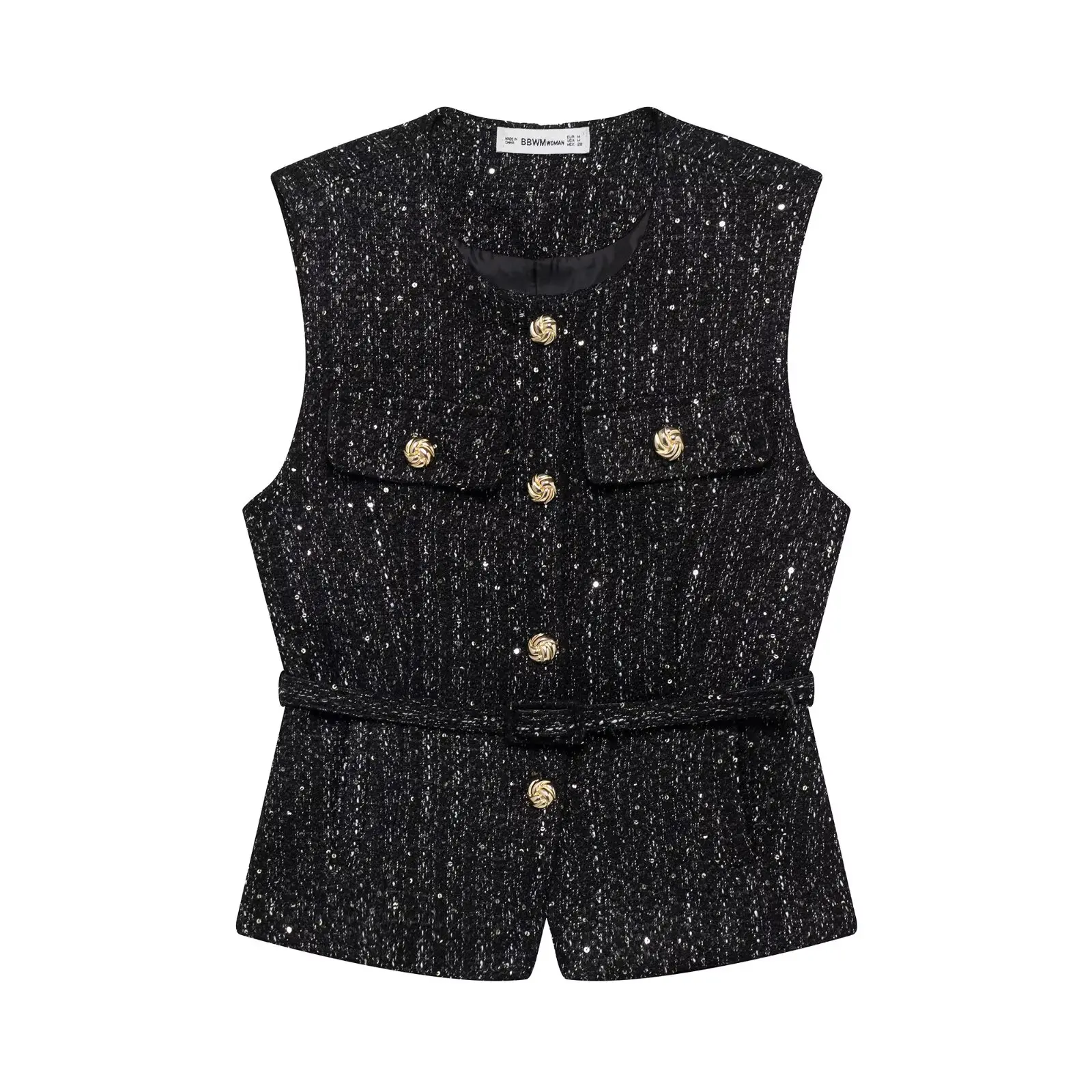 TRAFZA Women Fashion Golden Buttons O-Neck Sleeveless