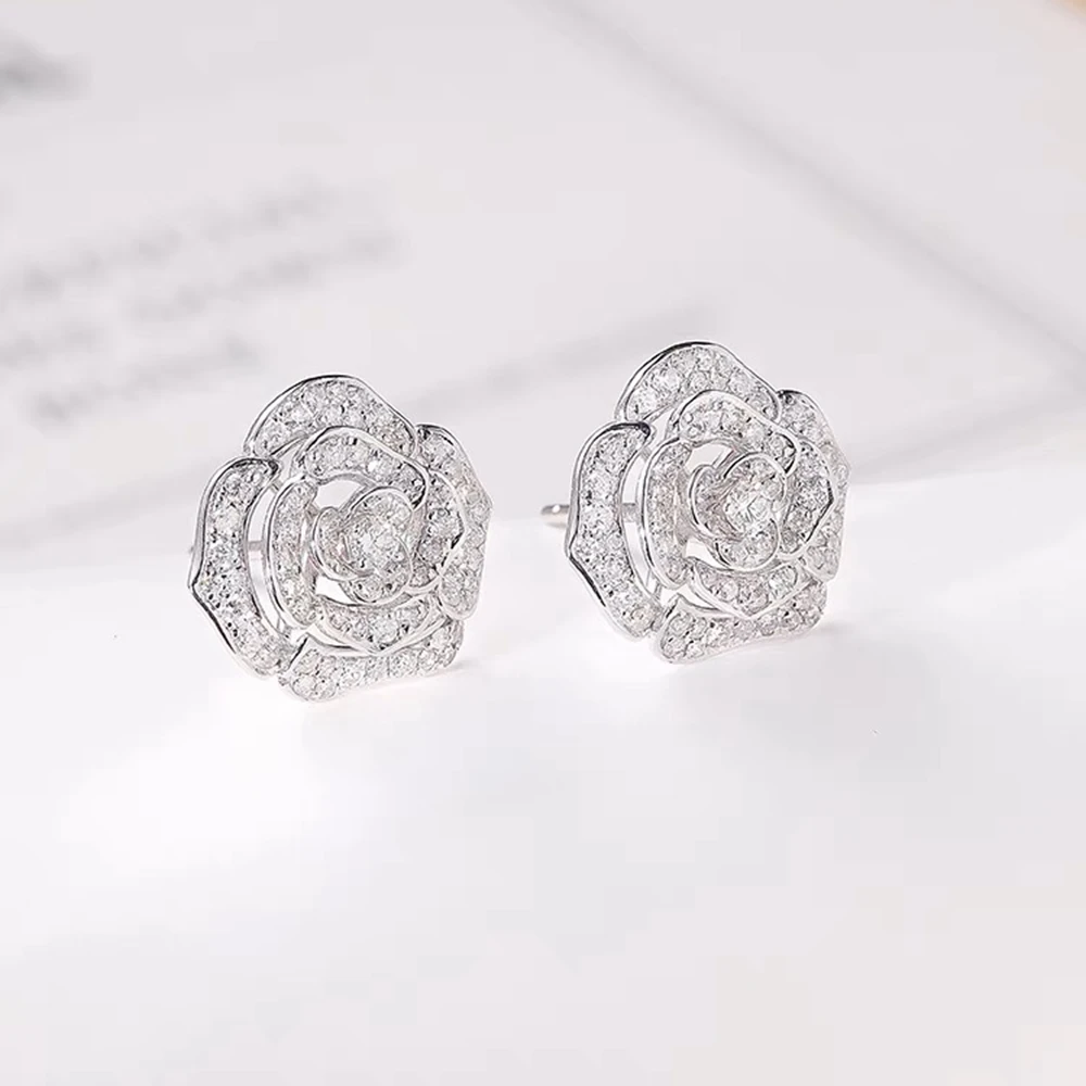 PuBang Fine Jewelry Solid 925 Sterling Silver Camellia Moissanite Diamond Stud Earrings for Women Anniversary Gift Free Shipping