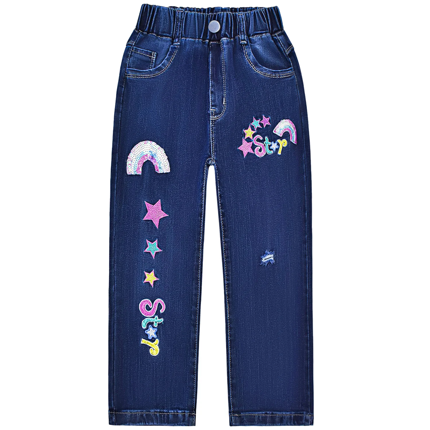 

5-12Years Kids Jeans for Girls Little Girls Cute Embroidery Denim Rainbow Pants Children Spring Autumn Clothes