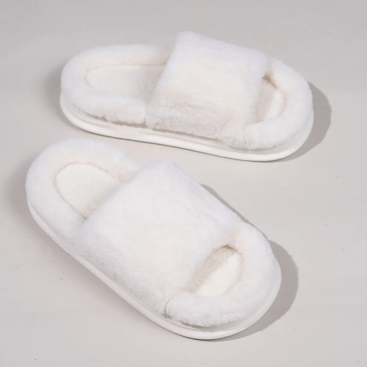 New Fashion White Fluffy Slippers Women 2025 Winter Warm Thick Sole Home Cotton Shoes Woman Open Toe Faux Fur Platform Slippers 6