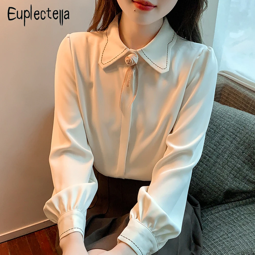 

Euplectella Women Elegant Shirt Long Sleeve Blouses Irregular Turn-down Collar Embroidery Office Wear Fall Spring Basic Tops