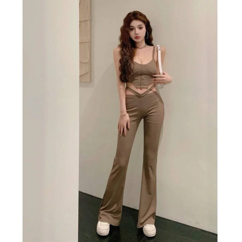 Women Suit Pants 2022 New Solid Sexy V-shaped Waist Wide Leg Pants Tight Design Suspender Vest Fashion Two-piece Set