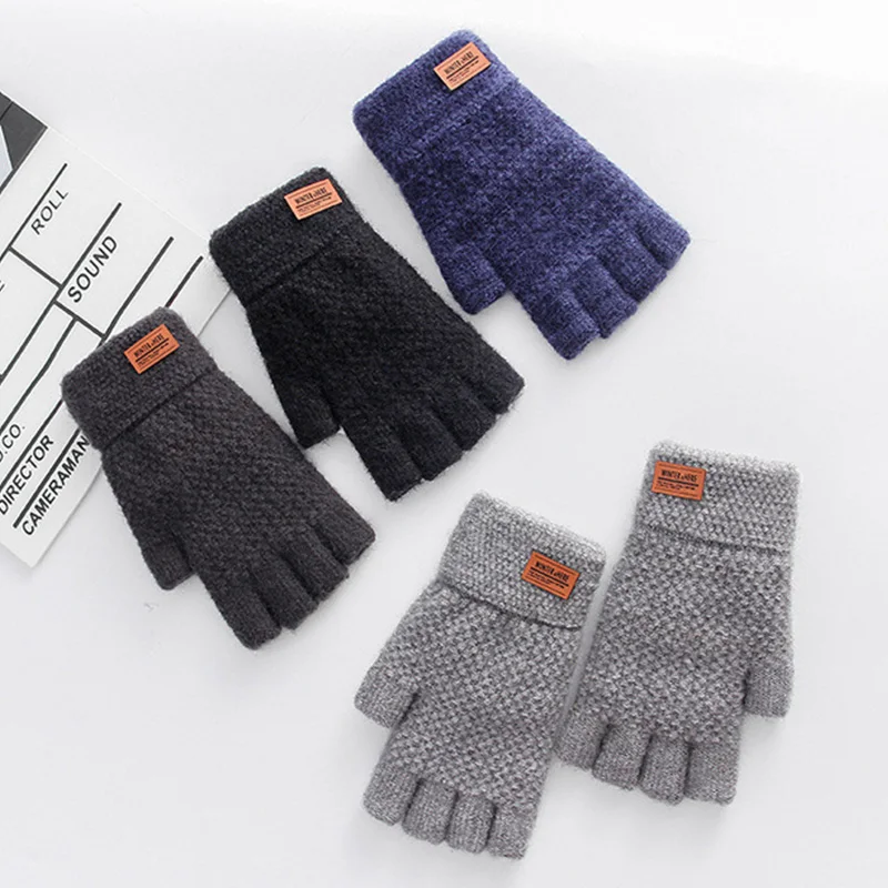 

Men's Half Fingerless Gloves Winter Warm Alpaca Wool Fingerless Knitting Glove Adult Thickening Riding Leaking Fingers Gloves