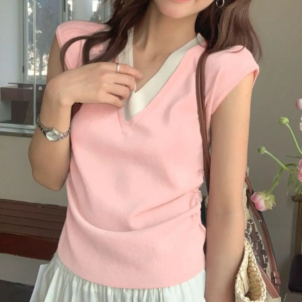 Temperamnet Patchwork Fake Two Pieces T-shirts Short Sleeve V-neck Slim Crop Top Korean Style Sweet Girl's Top Streetwear