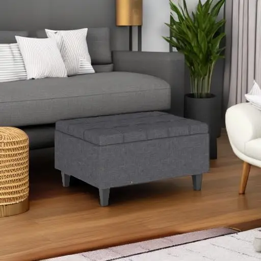 Simplihome Harrison 34 Inch Wide Transitional Rectangle Small Coffee Table Storage Ottoman In Slate Grey Linen Look Fabric, 6
