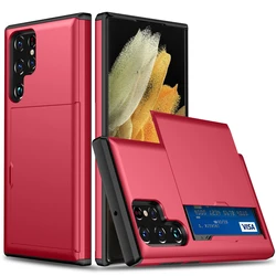 Durable Armor Wallet Phone Case with Card Slide Cover - Galaxy Note 10 (Red)
