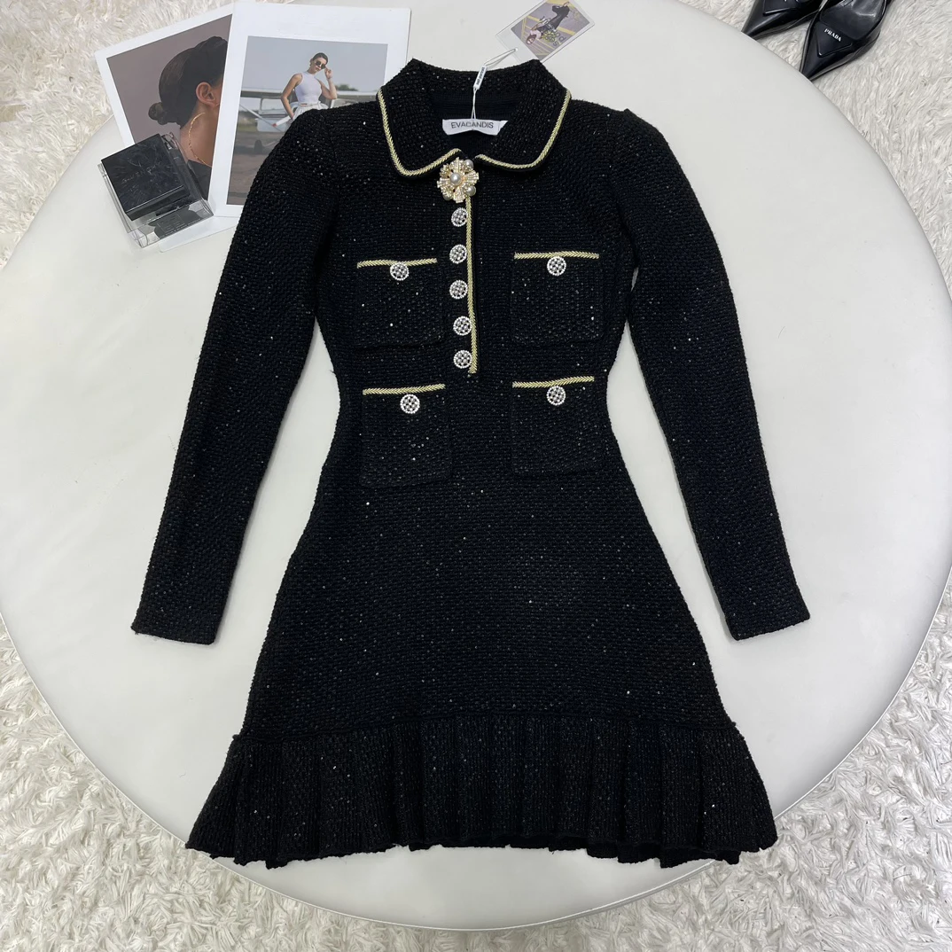 

2024 New Women Elegant Chic Sweet Runway Designer Luxury Tweed High Quality Solid Black Turn-down Collar Long Sleeve Midi Dress